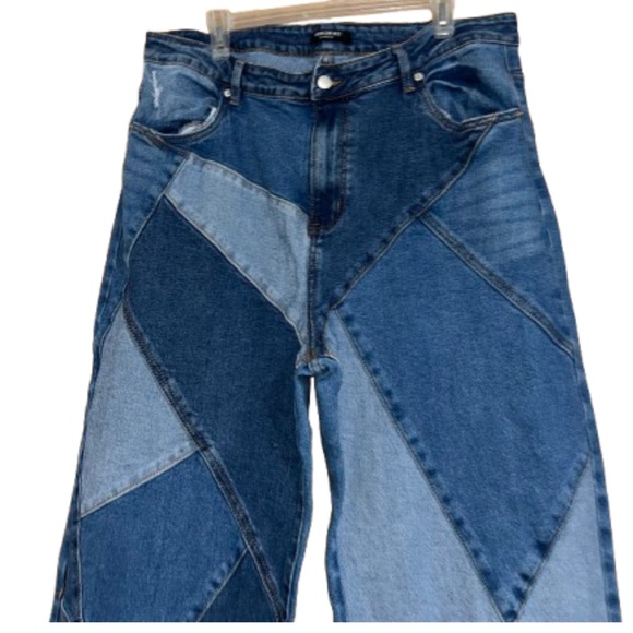 American Bazi Los Angeles Women Blue Patchwork Straight Leg Raw Hem Jeans Sz-2X - Picture 2 of 7
